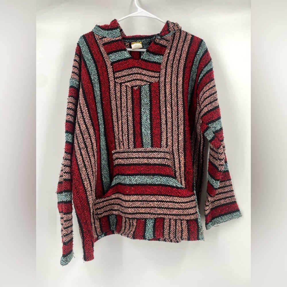 Franks Baja hoodie, long‎ sleeve size large red teal and pink